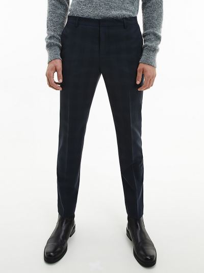 Calvin Klein Ruhák HU786213 | Calvin Klein Wool Stretch Check Férfi Öltöny Nadrág Sötétkék
